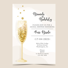 Brunch and Bubbly bridal shower. Vector illustration. Wedding invitation with golden glitter.