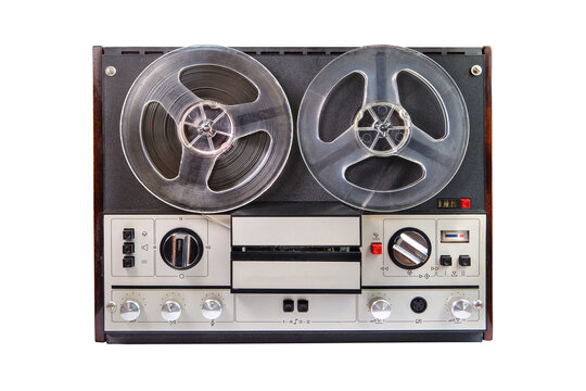 old vintage bobbin tape recorder on white