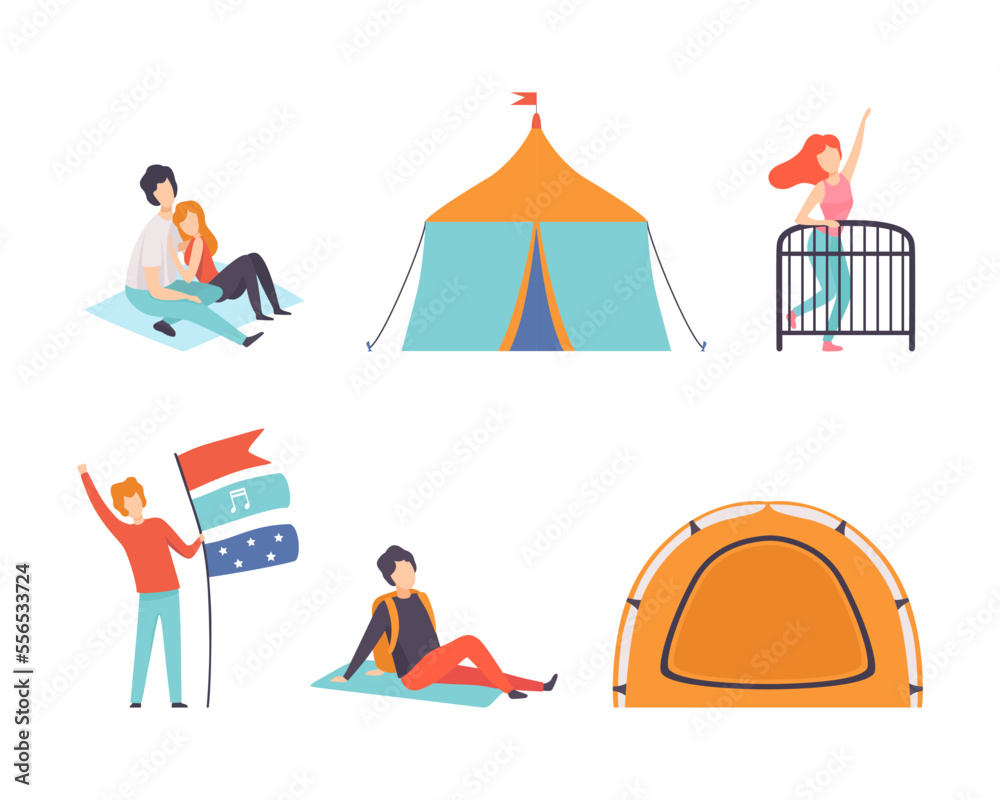 Poster summer open air music festival with people character resting and listening to music vector set