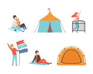 Summer Open Air Music Festival with People Character Resting and Listening to Music Vector Set