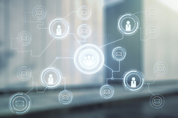 Double exposure of social network icons hologram on contemporary business center exterior background. Networking concept