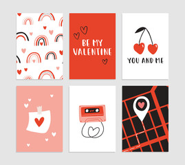 Set of 6 cute ready-to-use gift romantic postcards. Gifts, hearts, cups. Vector printable collection of Valentine's Day card, invitation, poster in gentle colors template design