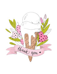thank you card with watercolor elements, ice cream, leaves, hearts on pink background 