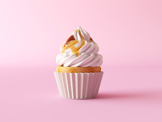 Vanilla Cupcake with buttercream icing isolated on light pink background. Frosted cupcakes with white cream and caramel sauce, nuts. 3d illustration cutout, copy space, front view. Wrapped cream cake - obrazy, fototapety, plakaty