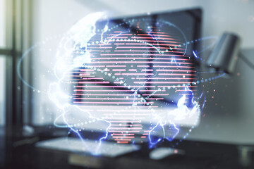 Double exposure of abstract digital world map with connections on computer background, big data and blockchain concept