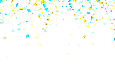 Falling blue and yellow cut out ribbon confetti background with space for text.