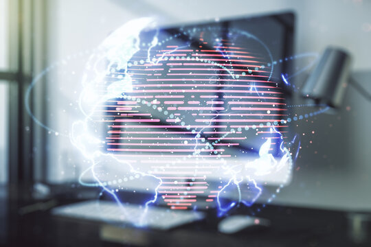 Double exposure of abstract digital world map with connections on computer background, big data and blockchain concept