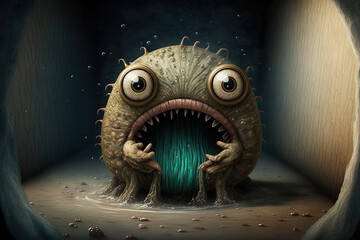 Little mud creatures from the sewers that are terrifying monsters behind the toilet's rim were toothy mud monsters with large eyes and pointed fangs. Generative AI - obrazy, fototapety, plakaty