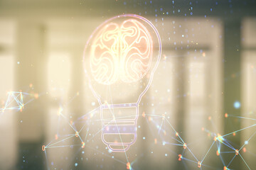 Abstract virtual light bulb illustration with human brain on modern interior background, future technology concept. Multiexposure