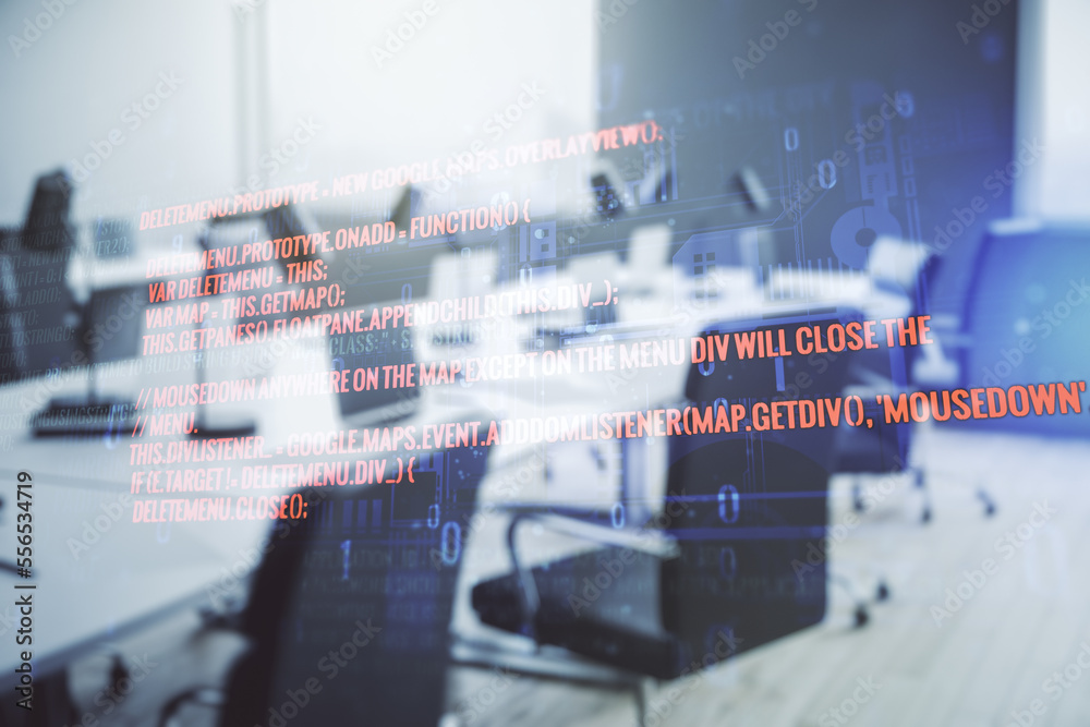 Poster multi exposure of abstract software development hologram on modern corporate office background, rese