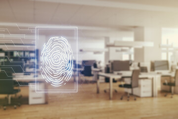 Multi exposure of virtual fingerprint scan interface on a modern furnished office interior background, digital access concept
