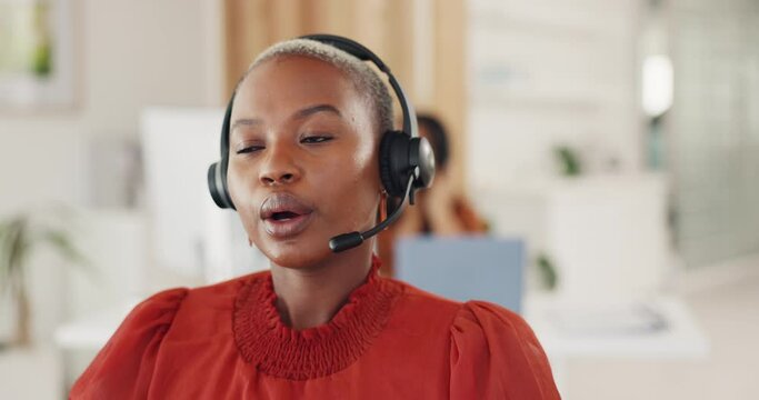 Call center, customer service and tired female consultant doing a difficult online consultation. Burnout, exhausted and woman telemarketing agent with stress working in a modern office with a headset