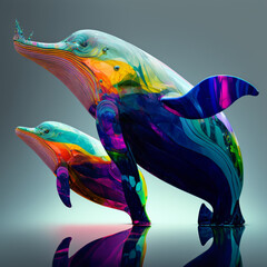 Swimming dolphins underwater, bright colors of the spectrum 