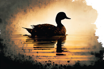 A duck silhouetted in the water at dawn or silhouette, swimming on a lake or river. Generative AI