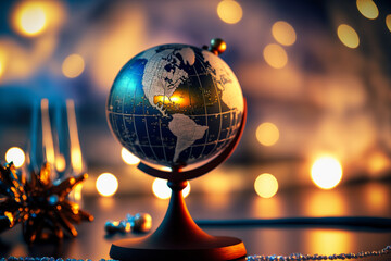elegant globe on a tabletop over a defocused background with scenic fairy lights, bokeh, warm glow, Generative AI