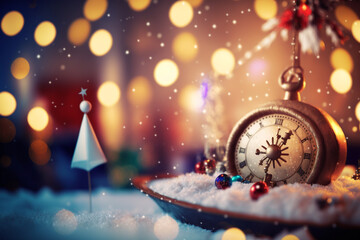 Naklejka premium new year countdown clock with decorations and snow on a background of golden lights, bokeh effect, Generative AI
