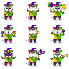 Vector illustration Wolf wearing mardi gras clothes in different poses isolated on white background. A cartoon illustration of a Mardi Gras Wolf. Mardi Gras jester, set.