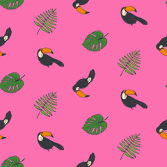 Seamless pattern with toucan bird, green leaves. Wild tropical nature. Vector illustration in a flat style. © Khay_Juliya