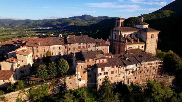 Scenic medieval hill top villages of Italy. Contigliano, aerial drone view. Rieti province, Lazio region