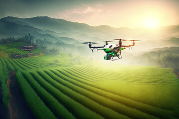 Agricultural drones glide above rice farms spraying fertilizer. Generative AI