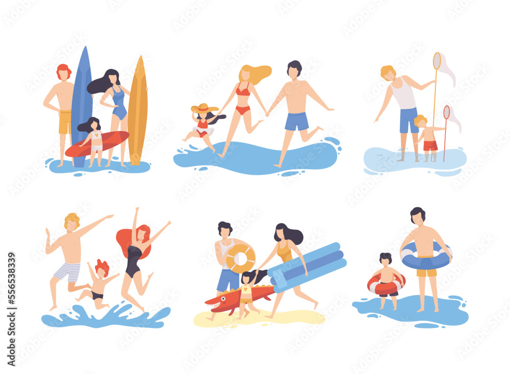 Canvas Prints Family at Beach Scene with Father, Mother and Kid Having Fun Together Vector Set