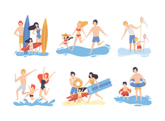 Family at Beach Scene with Father, Mother and Kid Having Fun Together Vector Set