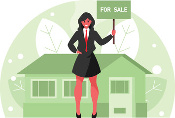 Real estate agent. Business Woman holding a board with an inscription 