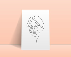 Modern abstract line minimalistic women face arts for wall decoration, postcard or brochure cover design. Realistic cover template. Woman face. One line art. Vector illustrations design