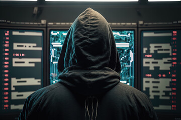 A dangerous hacker in a hood enters government data servers. Generative AI