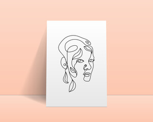 Modern abstract line minimalistic women face arts for wall decoration, postcard or brochure cover design. Realistic cover template. Woman face. One line art. Vector illustrations design