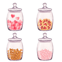 Set of transparent glass jar with sweets and glossy heart inside. Hand-drawn watercolor illustration isolated on white background. Valentine's day