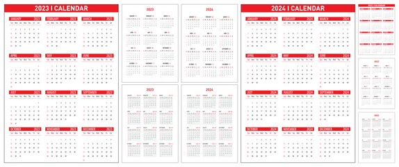Vector illustration of calendars for 2023 and 2024, 2022, week starts on Sunday