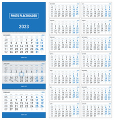 Vector illustration, wall quarterly calendar 2023 with week numbers, start from monday