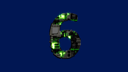 number 6 - dark distressed scrap metal alphabet with glowing green, isolated - object 3D rendering