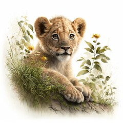  a lion cub sitting on a rock in a field of grass and flowers with a white background and a white background. Generative AI