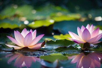  two pink lotuses are floating on a pond with lily pads and water lillies in the background. Generative AI - obrazy, fototapety, plakaty