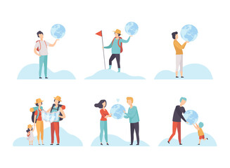 Fototapeta premium People Characters with Globe and Map Planning Travel Vector Set