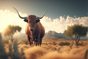 Naklejka premium ox at sunset Generated AI
