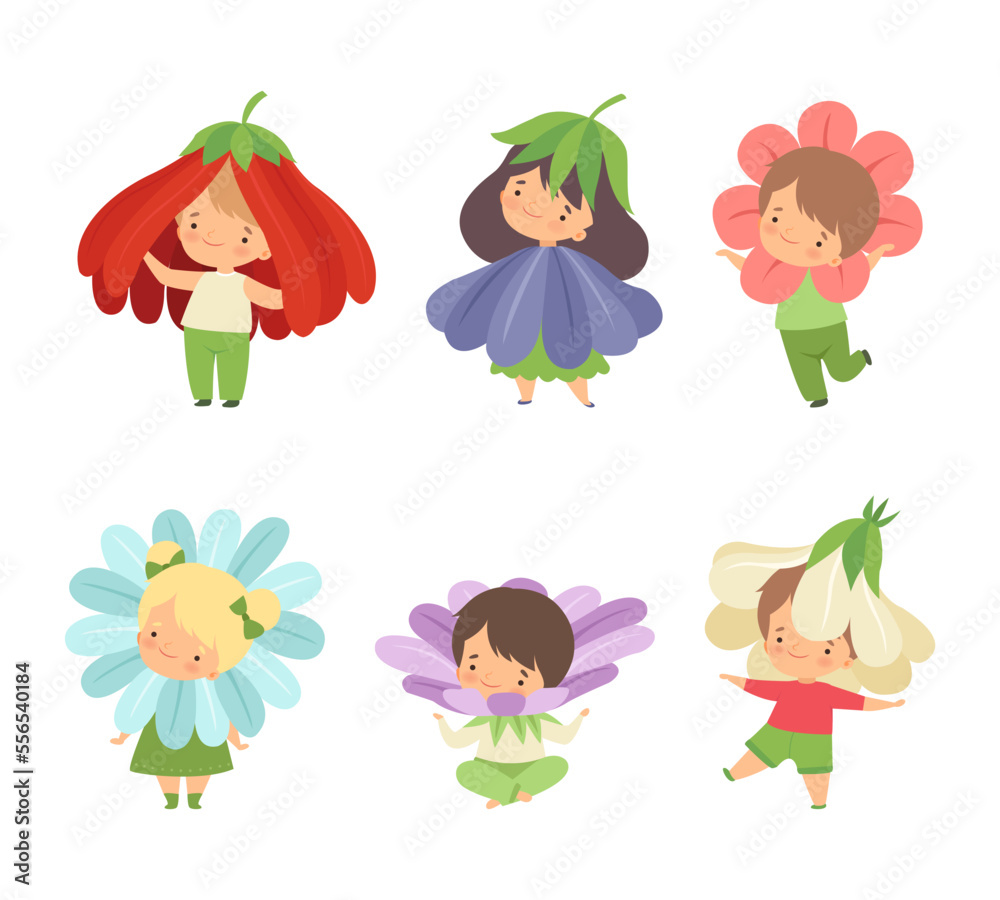 Sticker cute little kids wearing flower costume vector set