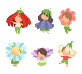 Cute Little Kids Wearing Flower Costume Vector Set