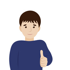 Portrait of a cartoon boy who shows thumb up, flat vector, isolate on white
