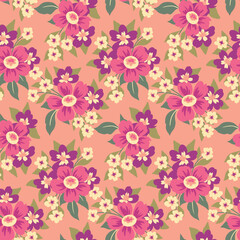 Seamless floral pattern, cute flower print in pink colors. Pretty ditsy design for fabric, paper: small hand drawn plants, flowers, leaves in simple bouquets on a pink background. Vector illustration.