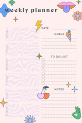 Vector weekly planner template with y2k patches,icons and emblems.Organizer and schedule with place for notes,goals and to do list.Trendy layout in 90s groovy aesthetic.Abstract modern design.