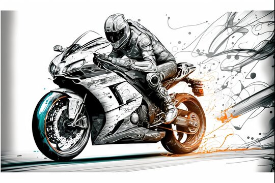 a drawing of a motorcycle rider on a track with splashing paint on it's side and a white background. generative ai
