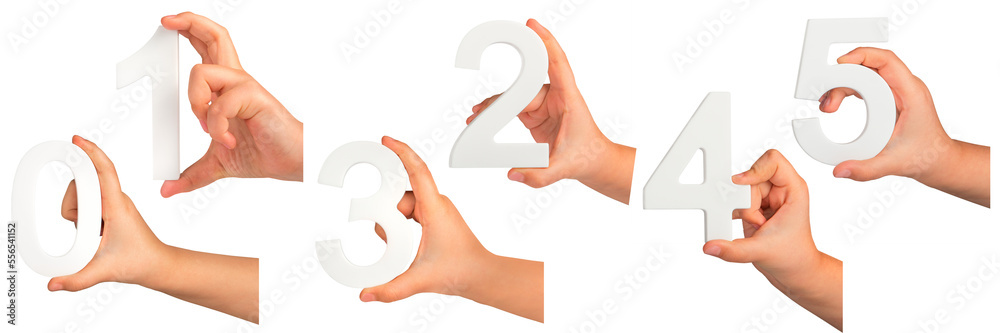 Poster children's hands hold numbers. a set of white numbers in hands on a black isolated background. zero,