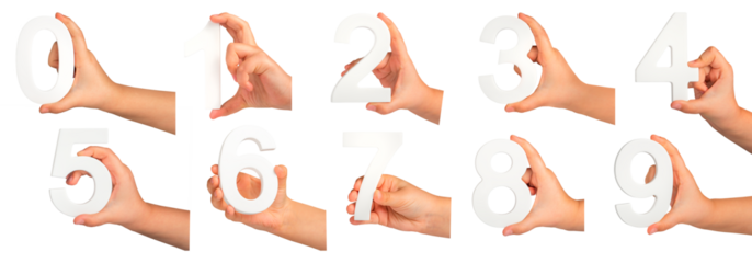 Children's hands hold numbers. A set of white numbers in hands on a black isolated background. Zero, one, two, three, four, five, six, seven, eight, nine