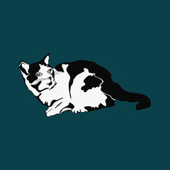 Vector illustration of hand drawn cartoon cat. Graphic design. Black and white animal print isolated on background.
