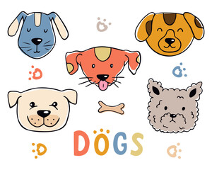 Cute colored dog faces in doodle style. Vector illustration