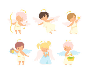 Cute Baby Angels with Nimbus and Wings Vector Set