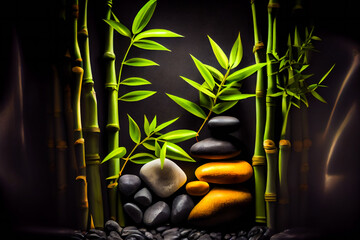 Fototapeta na wymiar Spa-concept with zen stones and bamboo. Generative AI.